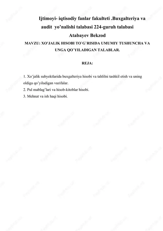 xo’jalik hisobi to`g`risida umumiy tushuncha va unga qo`yiladigan talablar — DOCX