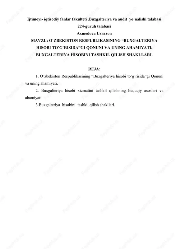 o`zbekiston respublikasining “buxgalteriya hisobi to`g`risida”gi qonuni va uning ahamiyati — DOCX