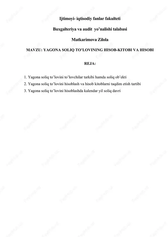 mavzu: yagona soliq to’lovining hisob-kitobi va hisobi — DOCX