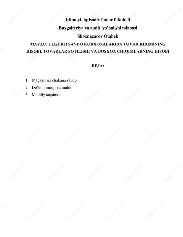 ulgurji savdo korxonalarida tovar kirimining hisobi — DOCX