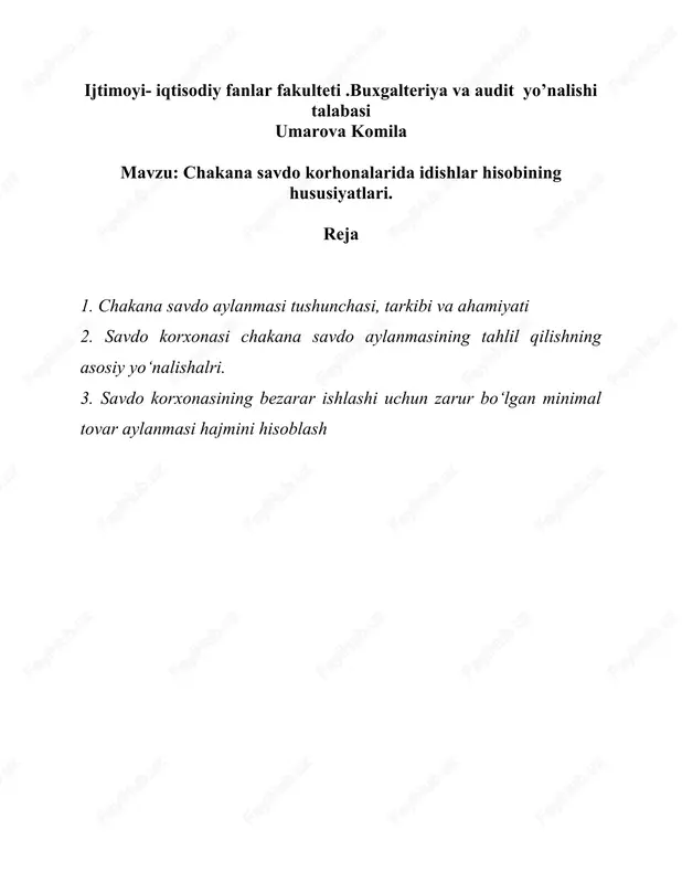 chakana savdo korhonalarida idishlar hisobining hususiyatlari — DOC