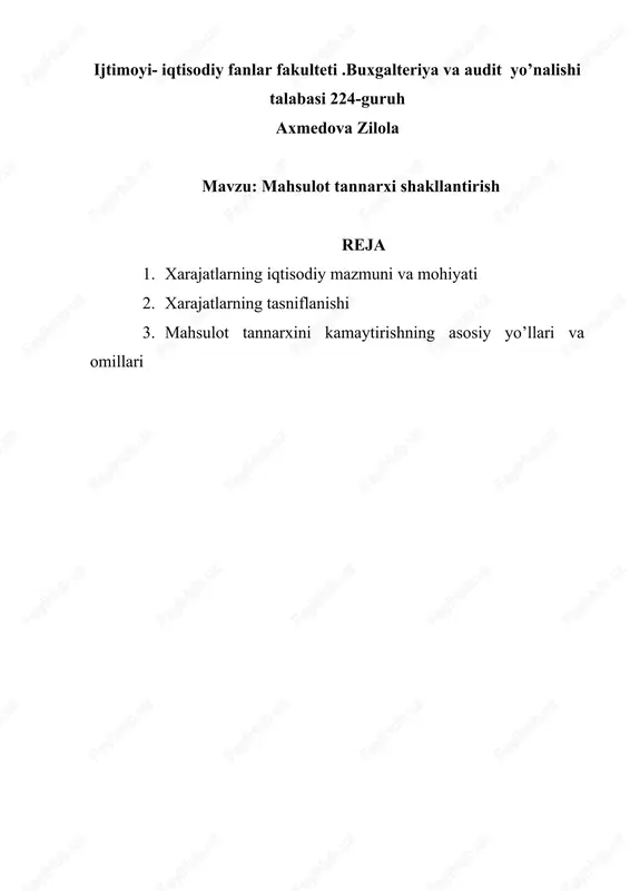 mahsulot tannarxi shakllantirish — DOCX
