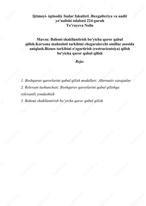 bahoni shakllantirish bo'yicha qaror qabul qilish — DOCX