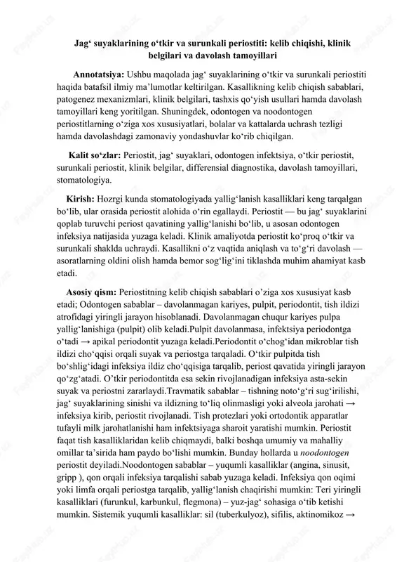 jagʻ suyaklarining oʻtkir va surunkali periostiti — DOCX