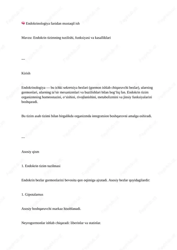 endokrinologiya fanidan mustaqil ish — DOCX