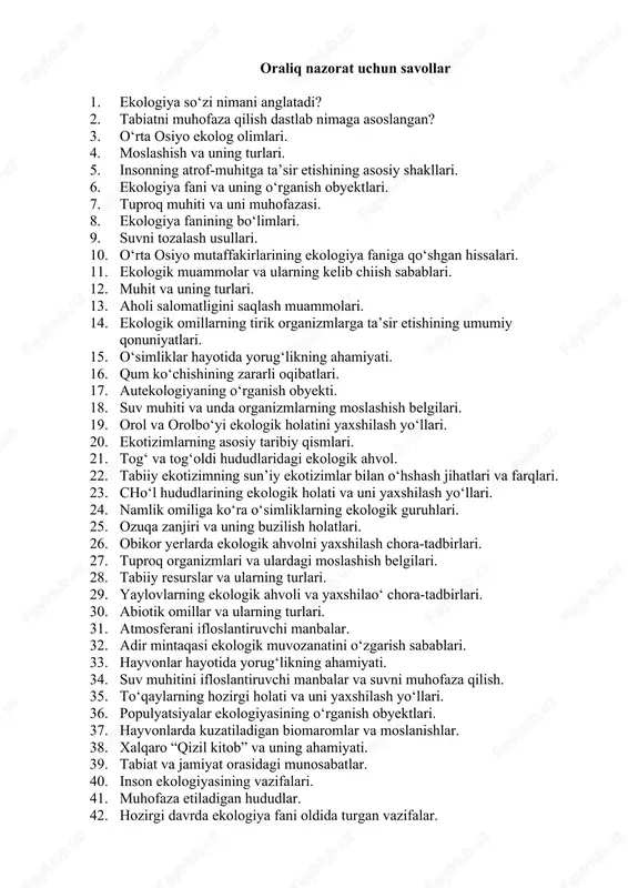 oraliq nazorat uchun savollar ekologiya va atrof muhit fanidan on savollari — DOCX