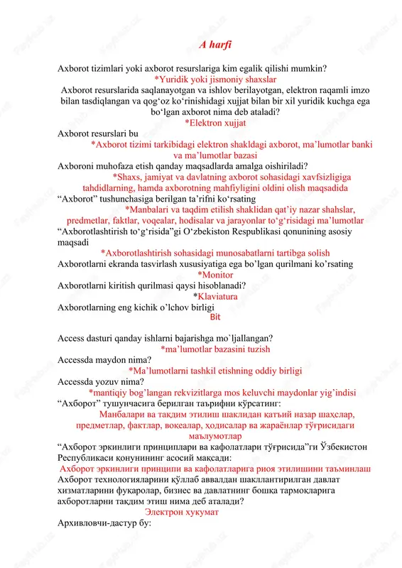 talimda axborot havfsizligi oraliq va yakuniy savollari javobi bilan — DOCX