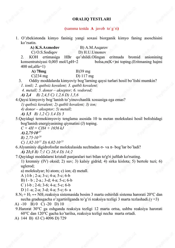 oraliq testlari ekspriment fanidan — DOC