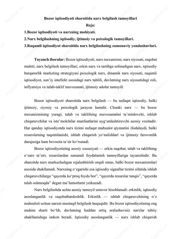 bozor iqtisodiyoti sharoitida narx belgilash — DOCX
