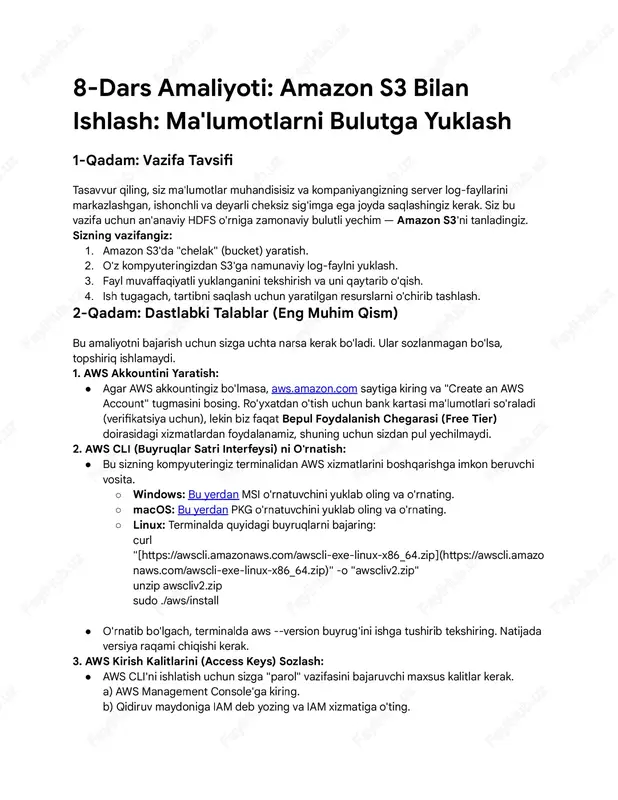 8-dars amaliyoti: amazon s3 bilan ishlash — PDF