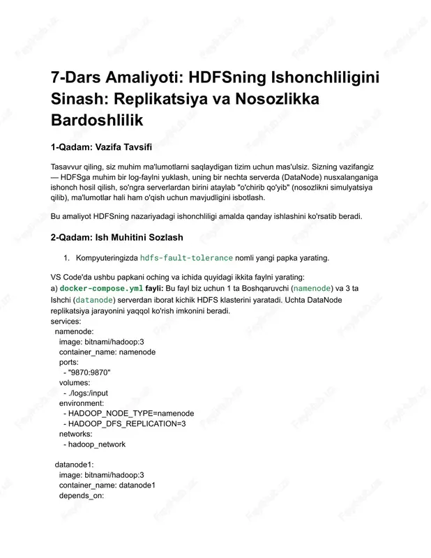 7-dars amaliyoti: hdfsning ishonchliligini sinash — PDF