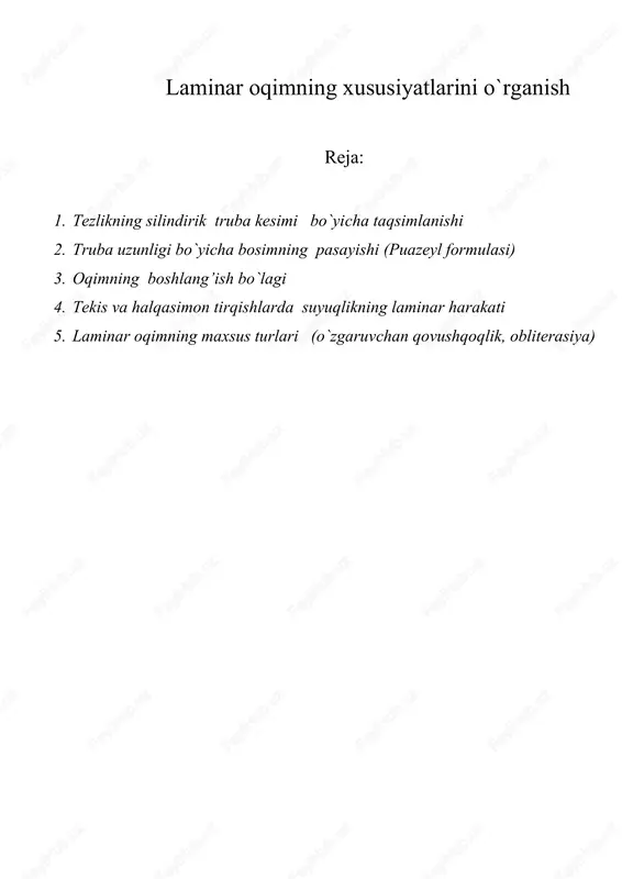 laminar oqimning xususiyatlarini o`rganish — DOCX