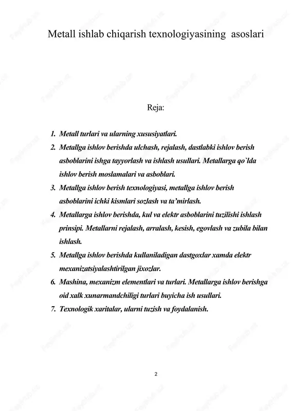 metall ishlab chiqarish texnologiyasining asoslari — DOCX