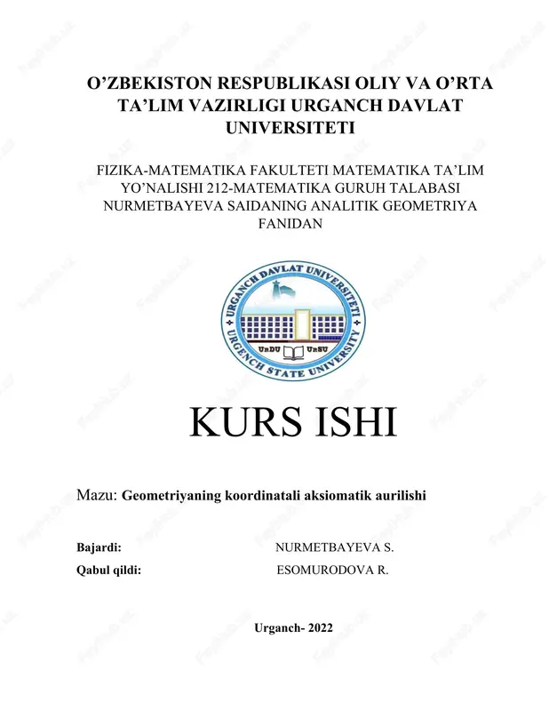 geometriyaning koordinatali aksiomatik aurilishi — DOCX