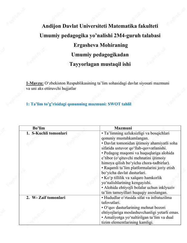 o‘zbekiston respublikasining ta’lim sohasidagi davlat siyosati — DOCX