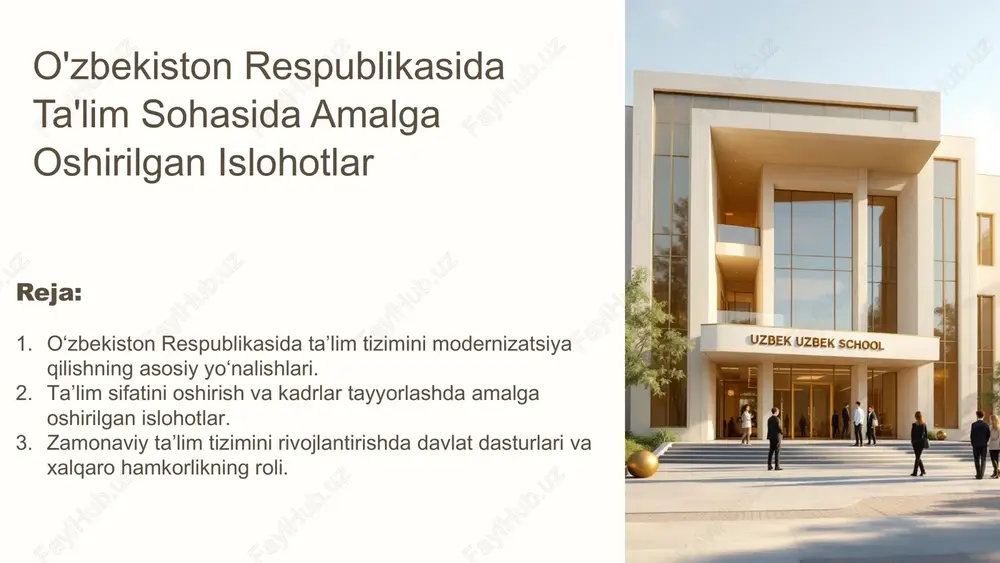 "o'zbekiston respublikasida ta'lim sohasida amalga oshirilgan islohotlar" — PPTX