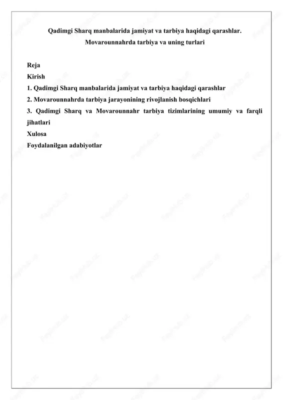 qadimgi sharq manbalarida jamiyat va tarbiya haqidagi qarashlar — DOCX