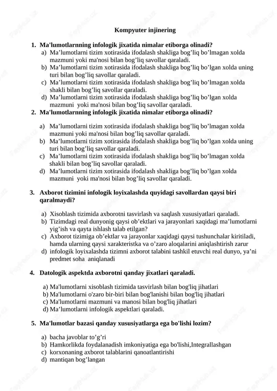100 test javoblari bilan kompyuter injinering — DOCX