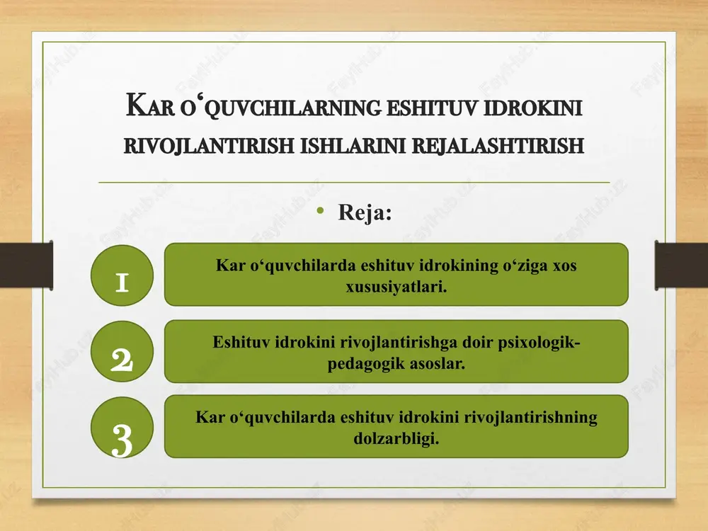 kar o‘quvchilarning eshituv idrokini rivojlantirish ishlarini rejalashtirish — PPTX