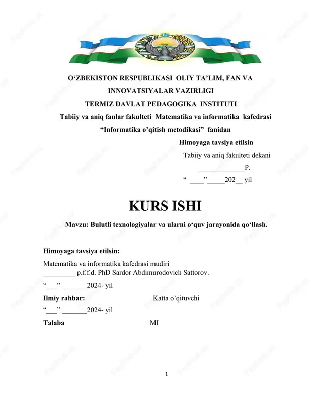bulutli texnologiyalar va ularni oʻquv jarayonida qoʻllash. kurs ishi — DOCX