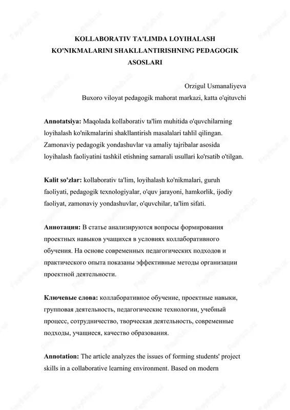 kollaborativ ta'limda loyihalash ko'nikmalarini shakllantirishning pedagogik asoslari — DOCX