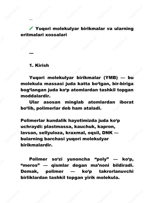 yuqori molekulyar birikmalar va ularning eritmalari xossalari — DOCX