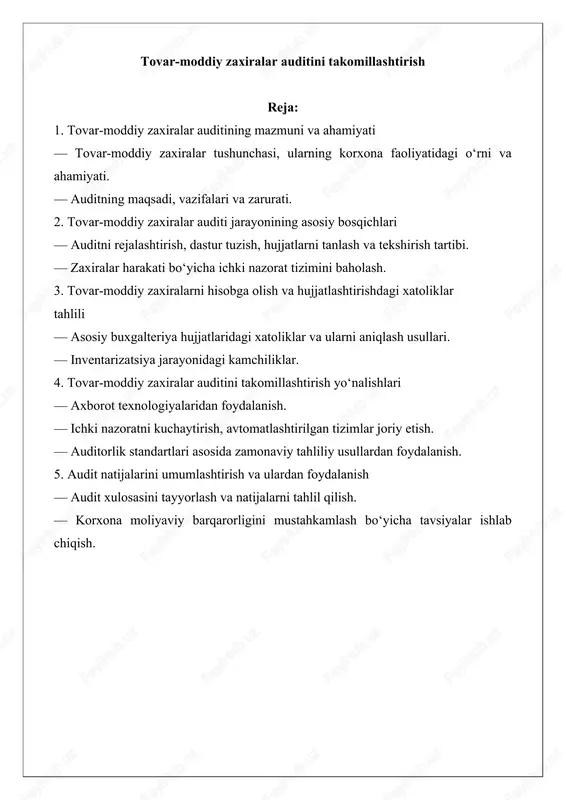 tovar-moddiy zaxiralar auditini takomillashtirish — DOCX
