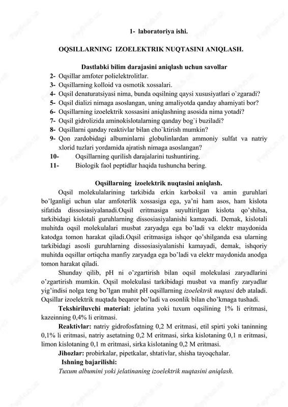 oqsillar izoelektrik nuqtasini aniqlash — DOCX