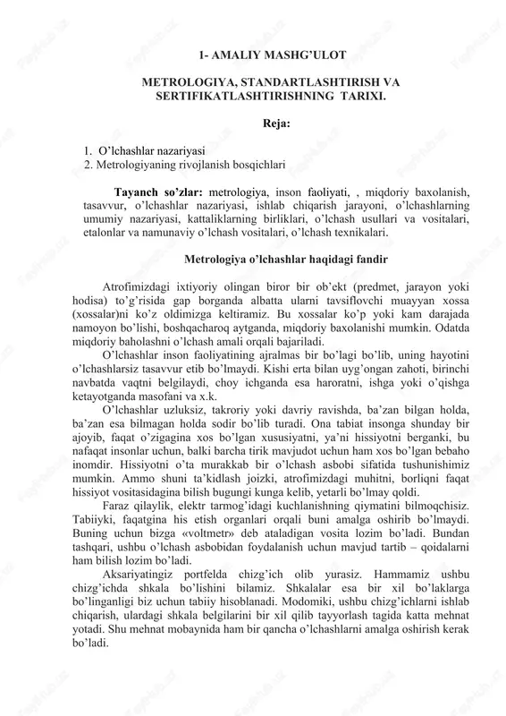 metrologiya, standartlashtirish va sertifikatlashtirishning tarixi — DOCX