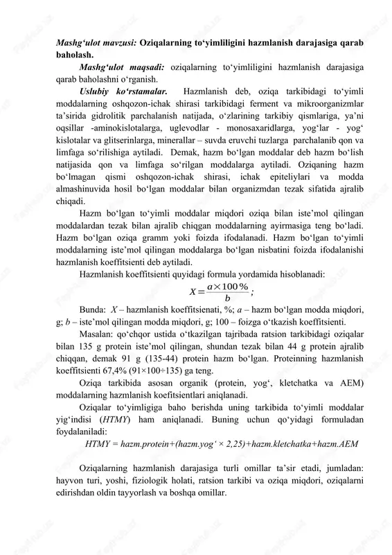 oziqalarning to‘yimliligini hazmlanish darajasiga qarab baholash — DOCX