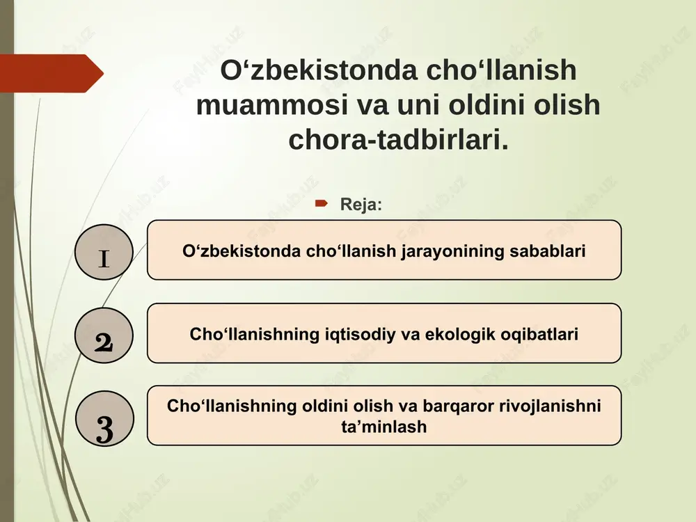 o‘zbekistonda cho‘llanish muammosi va uni oldini olish chora-tadbirlari. — PPTX