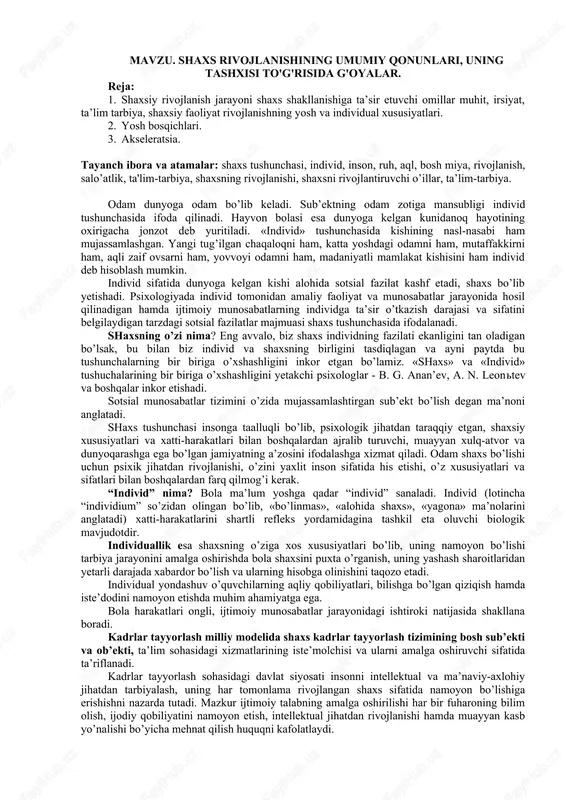 shaxs rivojlanishining umumiy qonunlari — DOCX
