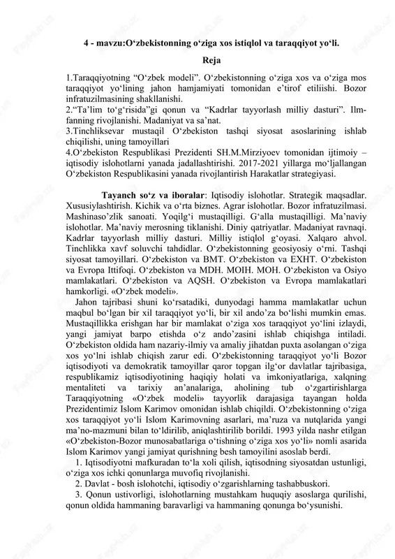 o‘zbekistonning o‘ziga xos istiqlol va taraqqiyot yo‘li — DOCX