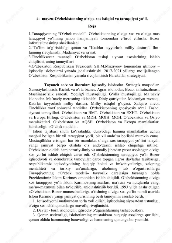 o‘zbekistonning o‘ziga xos istiqlol va taraqqiyot yo‘li — DOCX