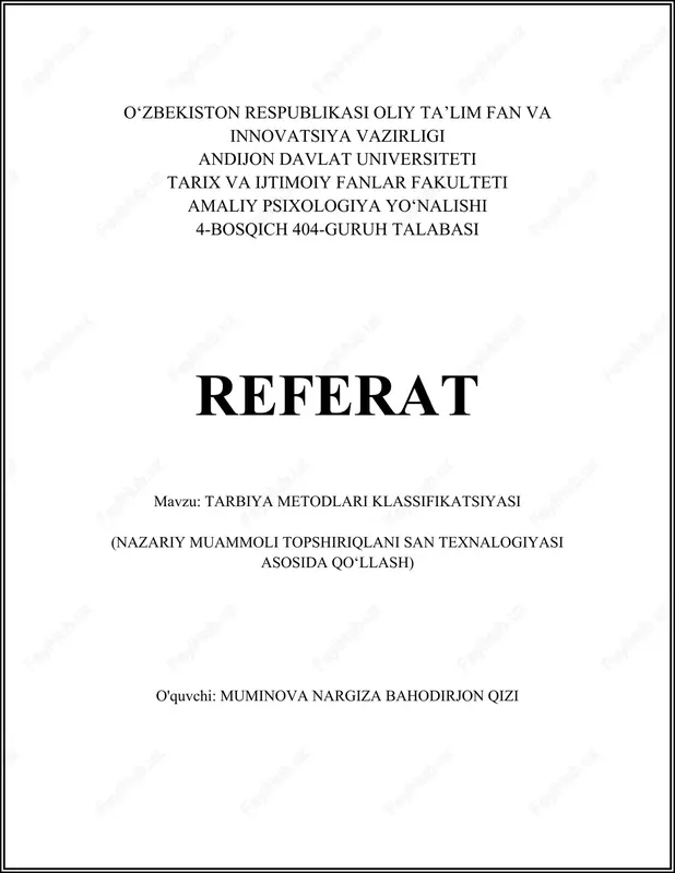 tarbiya metodlari klassifikatsiyasi — DOCX