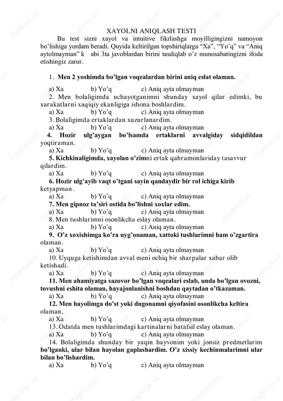 xayolni aniqlash testi — PDF
