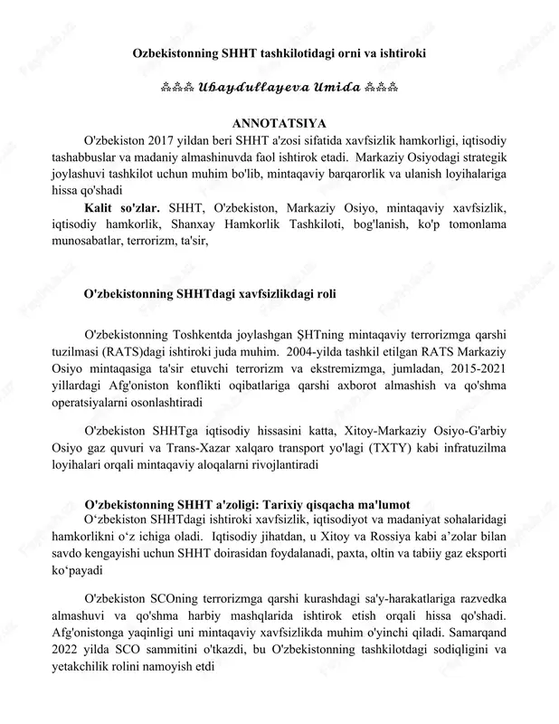 o'zbekistonning shht tashkilotidagi orni va ishtiroki — DOCX