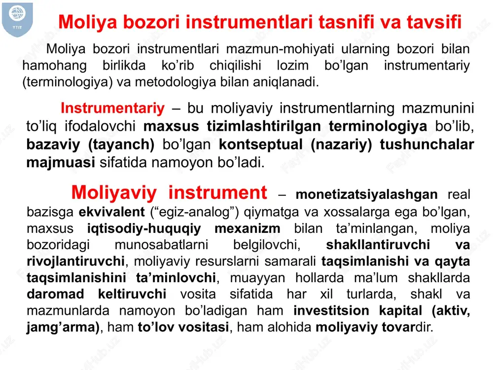 moliya bozori instrumentlari tasnifi va tavsifi — PPTX