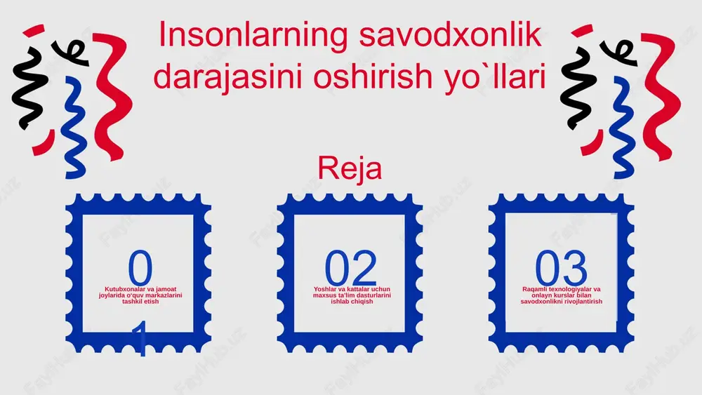 insonlarning savodxonlik darajasini oshirish yo'llari — PPTX