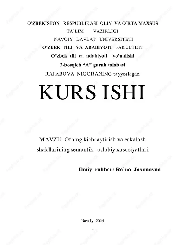 otning kichraytirish va erkalash shakllarining semantik -uslubiy xususiyatlari — PDF