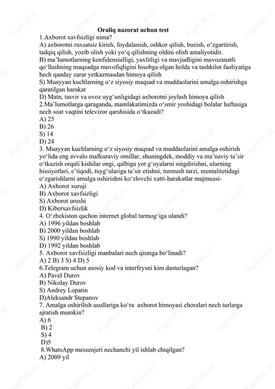 oraliq nazorat uchun test — DOCX