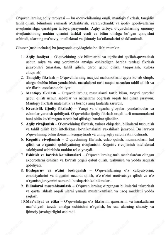 oʻquvchilarning aqliy tarbiyasi — DOCX