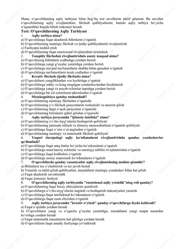 o‘quvchilarning aqliy tarbiyasi test savollari — DOCX