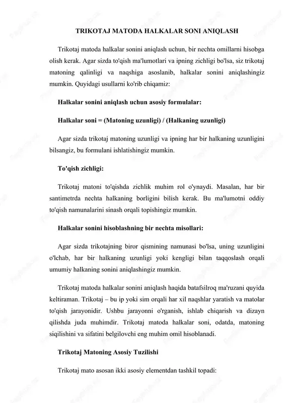 trikotaj matoda halkalar soni aniqlash — DOCX