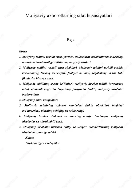 moliyaviy axborotlarning sifat hususiyatlari — DOC