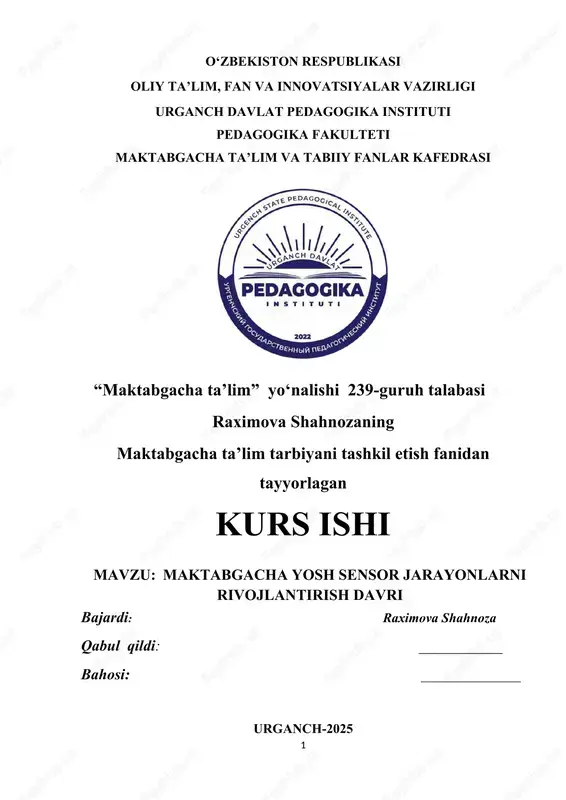 maktabgacha yosh sensor jarayonlarni rivojlantirish davri — DOCX