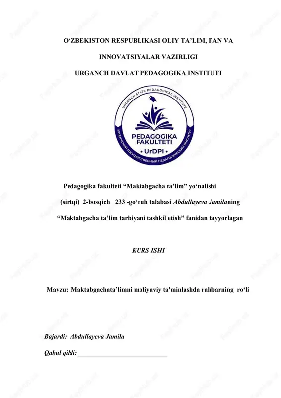 kurs ishi "maktabgacha ta'limni moliyaviy ta'minlashda rahbarning ro'li" — DOCX