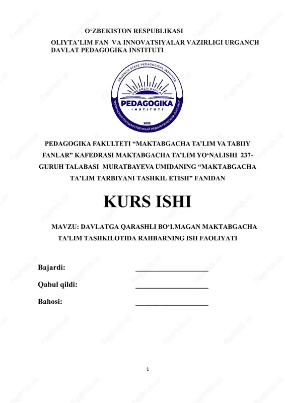 "maktabgacha ta’lim tarbiyani tashkil etish" — DOCX
