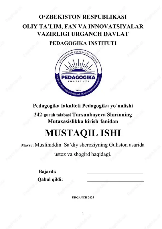 muslihiddin sa’diy sheroziyning guliston asarida ustoz va shogird haqidagi — DOCX