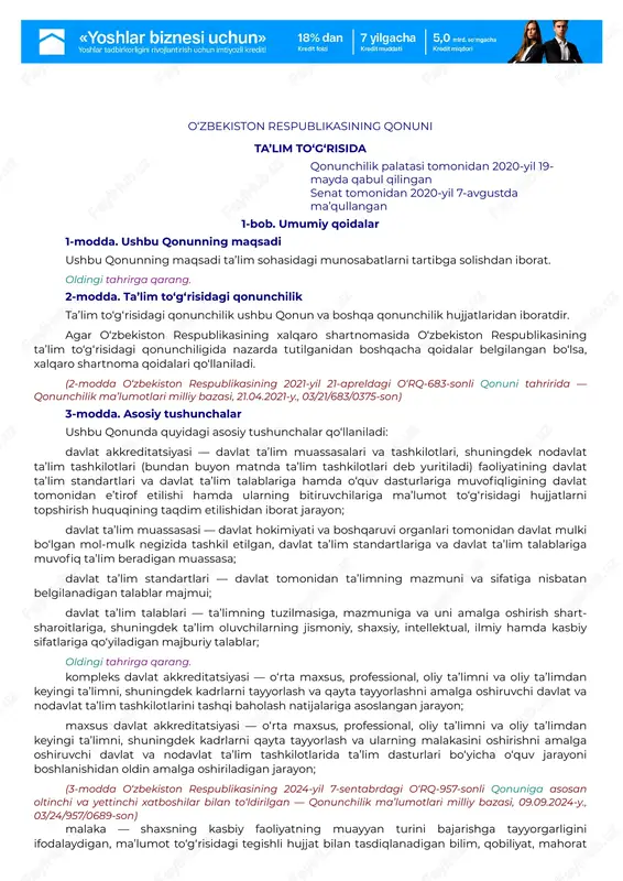 o‘zbekiston respublikasining qonuni ta’lim to‘g‘risida — PDF